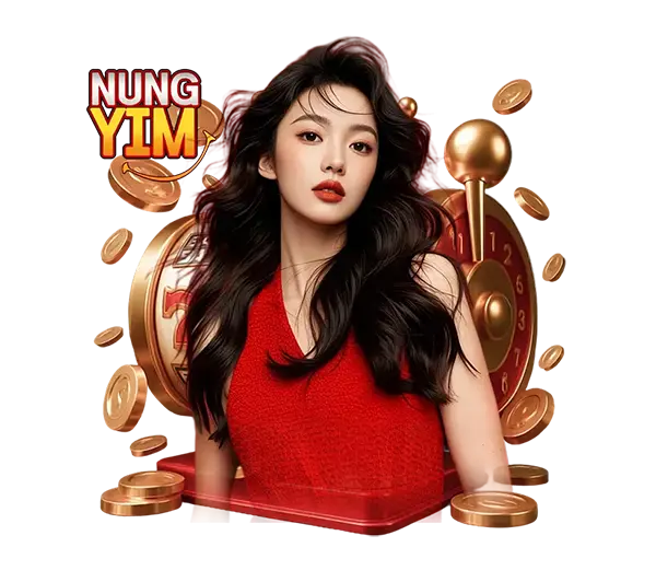NUNGYIM คาสิโนออนไลน์และสล็อตออนไลน์ ภาพผู้หญิงชุดแดงพร้อมเหรียญทอง ลุ้นโบนัสใหญ่ เล่นง่าย ฝากถอนออโต้รวดเร็ว 24 ชั่วโมง